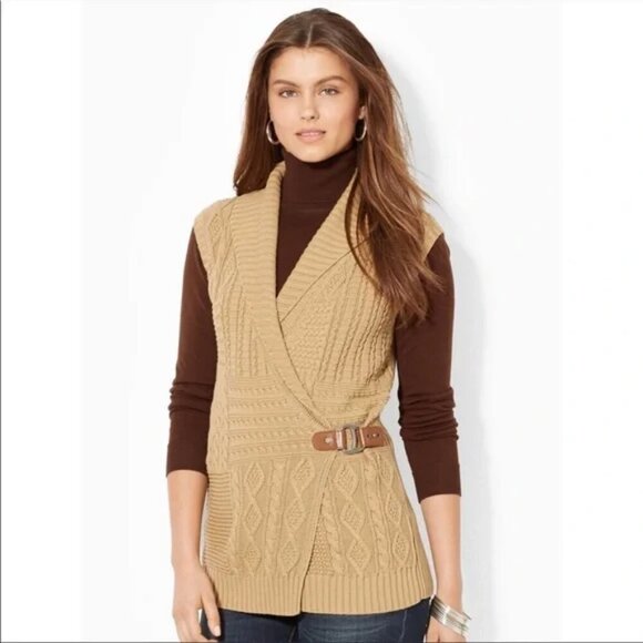 Lauren Ralph Lauren Cable Knit Sweater Vest Sleeveless Tan Women's Sz L  B9 - Picture 2 of 11